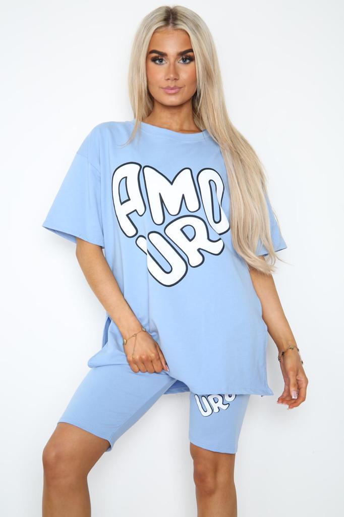 Cycling Short and T-Shirts Co-Ord Two Piece Side Slit Set with Front Printed Slogan 🇬🇧