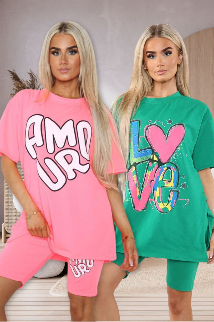 Cycling Short and T-Shirts Co-Ord Two Piece Side Slit Set with Front Printed Slogan 🇬🇧