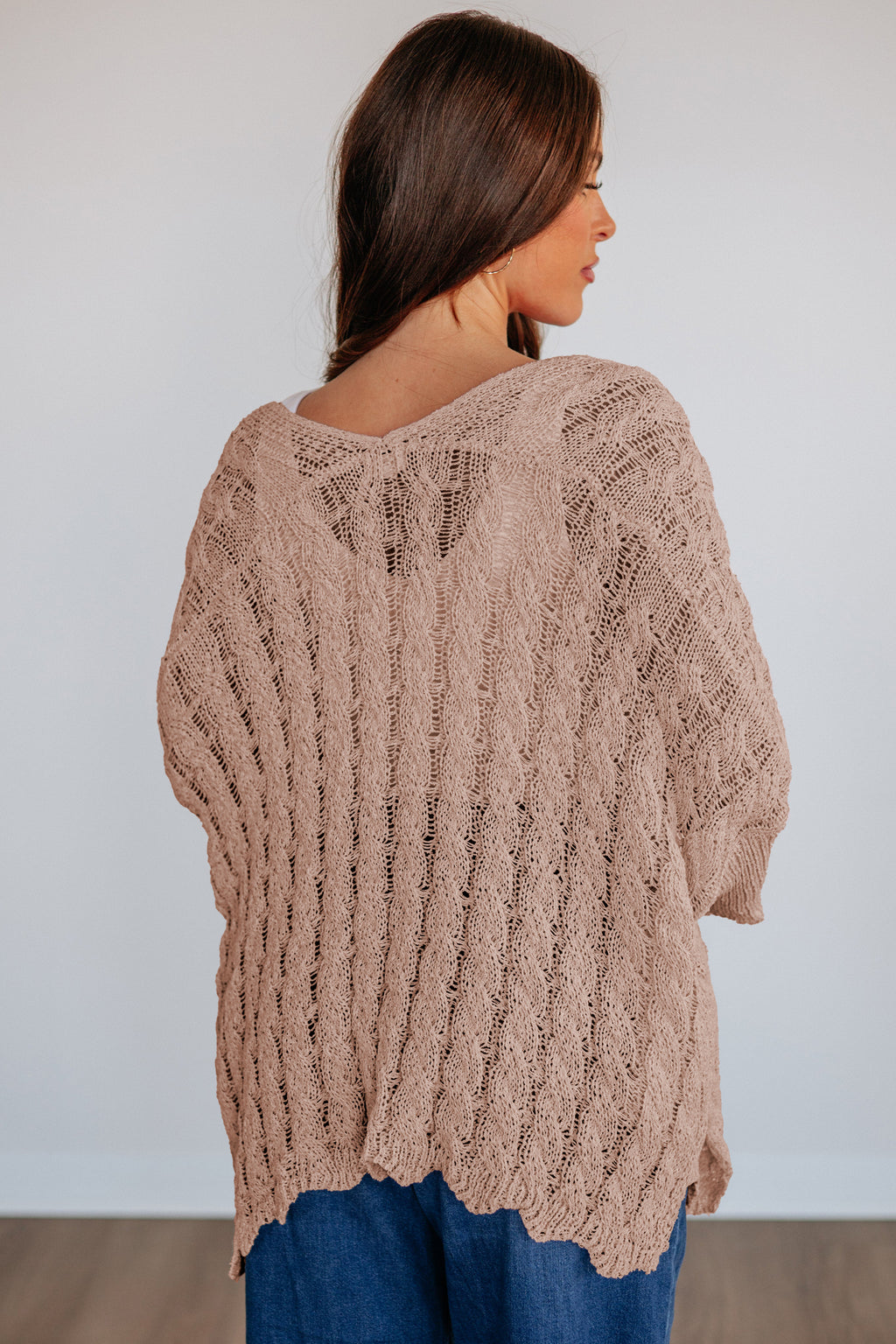 Old Rose Hollowed Pattern Knit Drop Shoulder Open Sweater Cardigan 🇺🇸