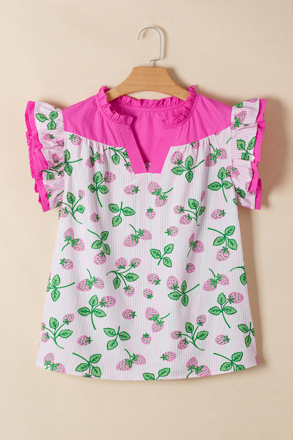 Pink Striped Strawberry Printed Color Block Patchwork V Neck Flutter Sleeve Blouse 🇺🇸