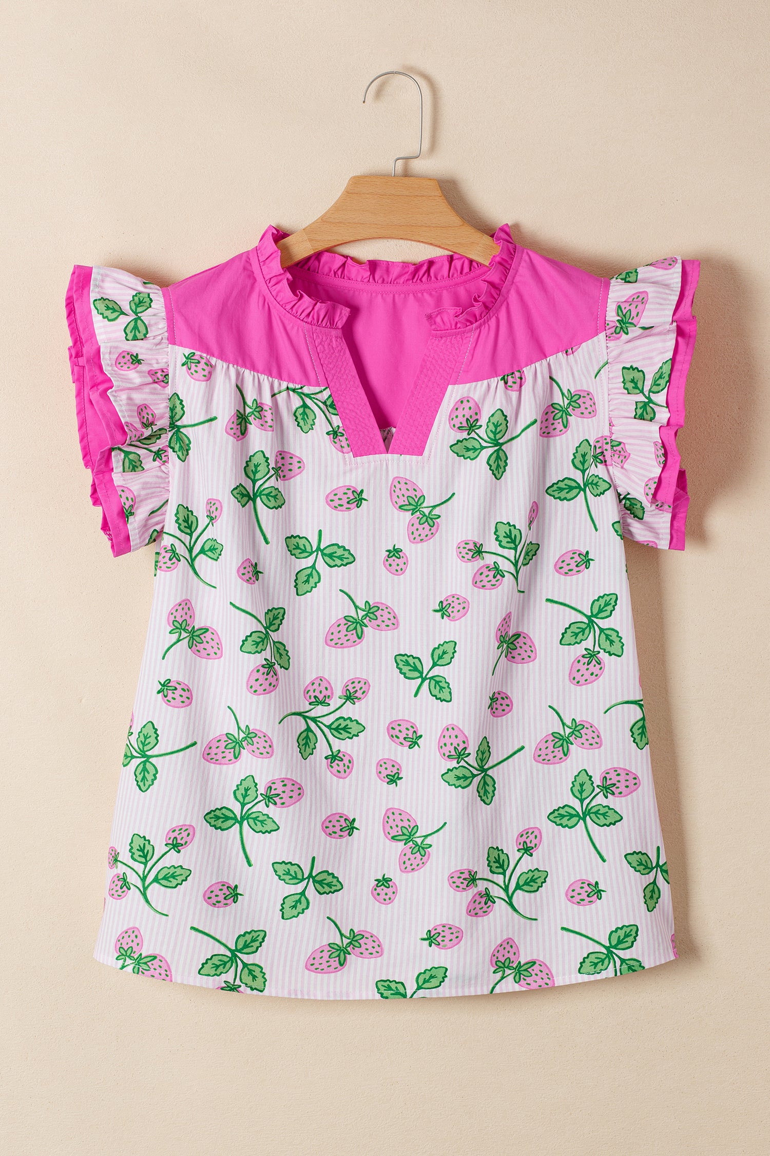 Pink Striped Strawberry Printed Color Block Patchwork V Neck Flutter Sleeve Blouse 🇺🇸