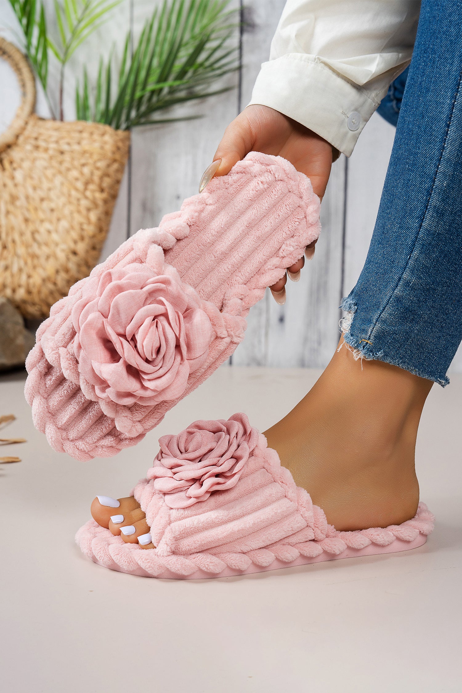 Pink Solid Color 3D Flower Accent Corded Ribbed Open Toe Slippers 🇺🇸