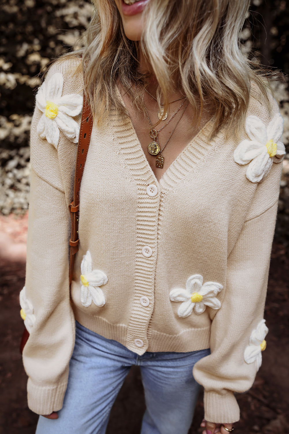 Parchment Elegant Flower Decor Button Front Cardigan 🇨🇳
