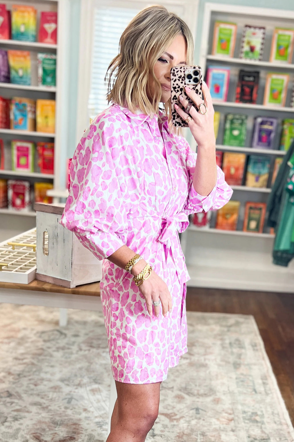 Pink Abstract Leopard Print Tie Waist Puff Sleeve Mini Shirt Dress 🇺🇸