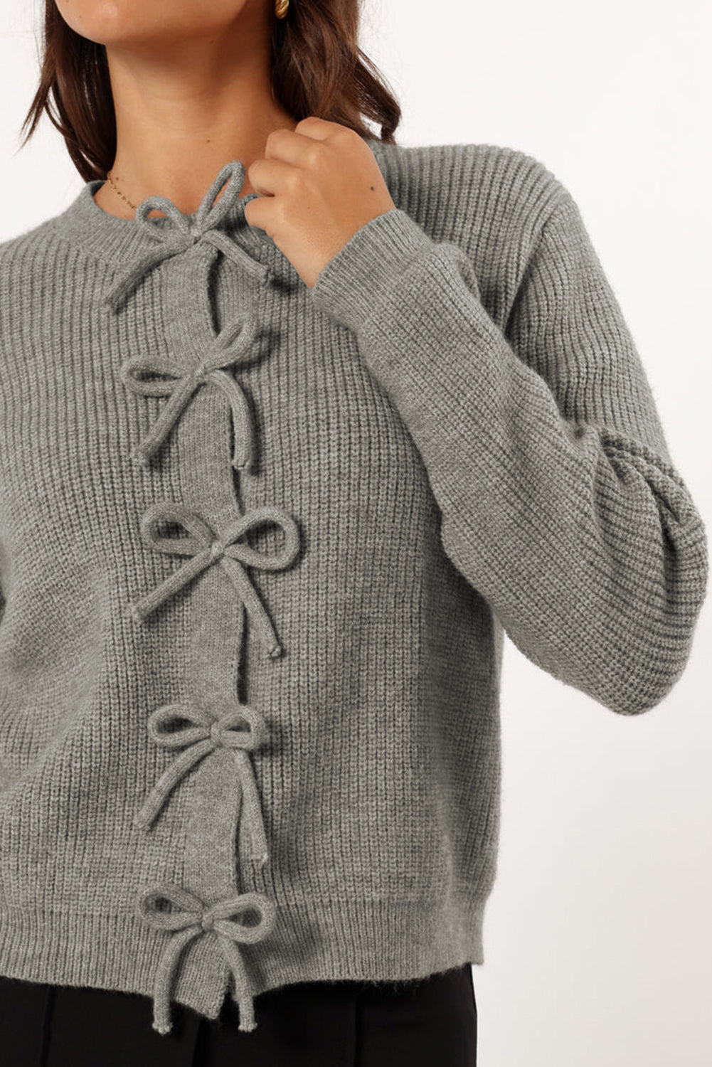 Philippine Gray Ribbed Knit Bow Front Buttoned Cardigan 🇺🇲
