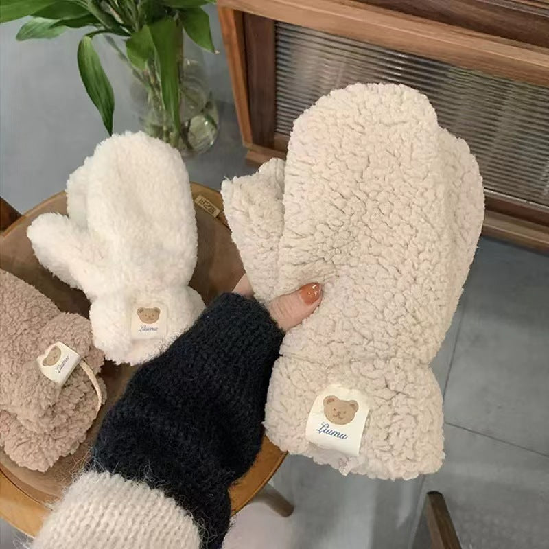 Winter Lambskin Bear Labeling Gloves Women's Halter 🇨🇳