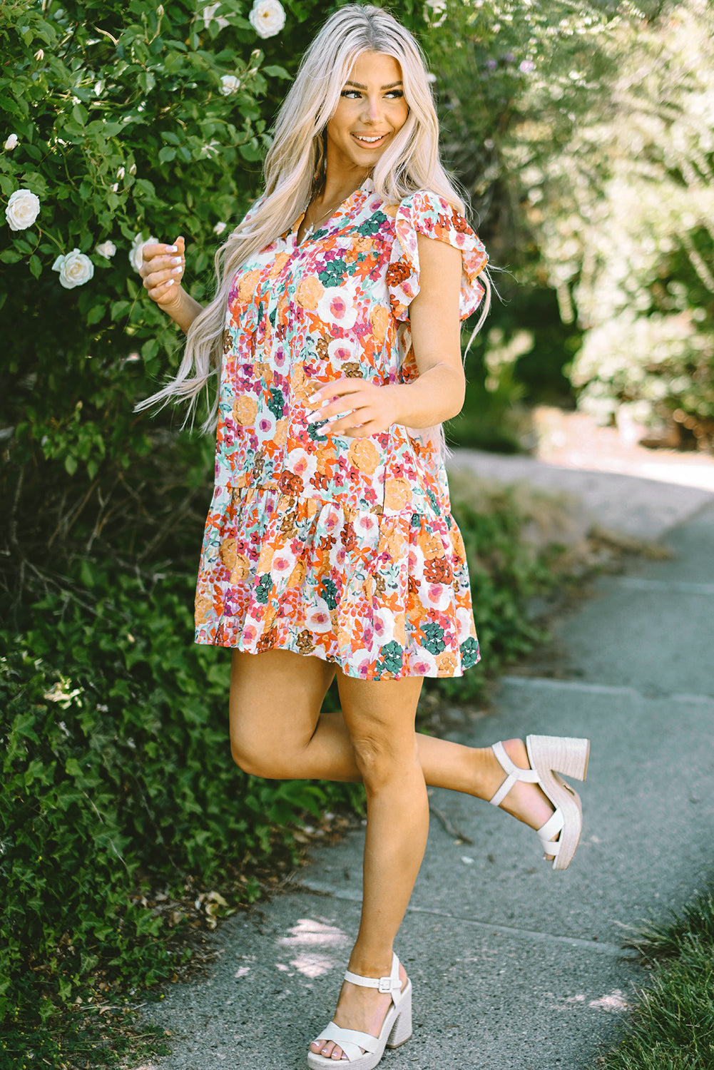 Purple Floral Print Split Neck Flutter Sleeve Dress 🇺🇸