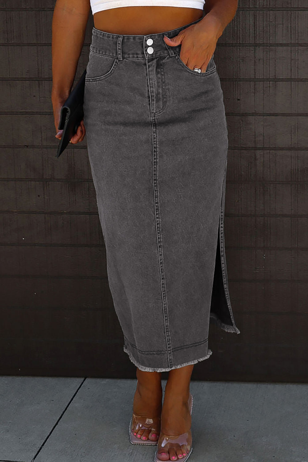 Black Raw Edge Side Slits Buttoned Midi Denim Skirt 🇺🇸