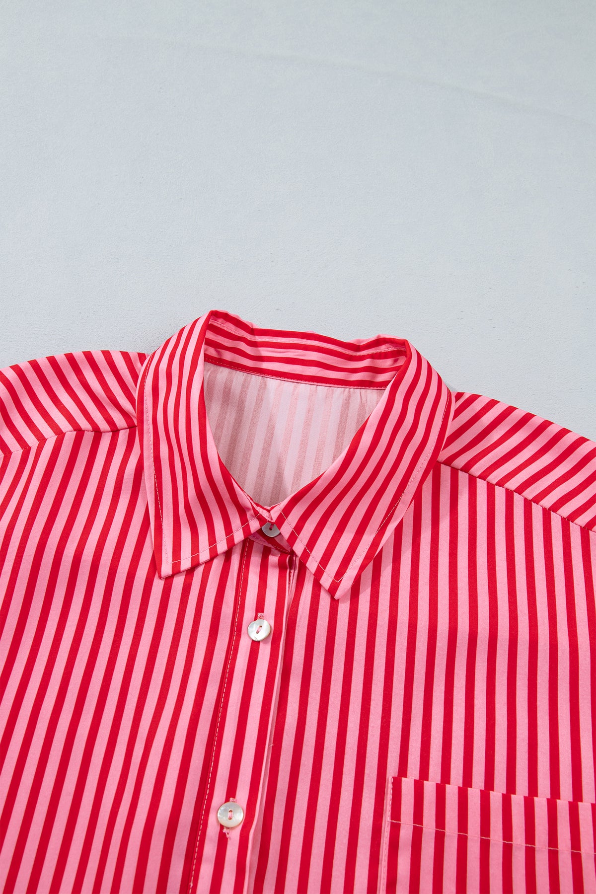 Red Stripe Button-Up Shirt Long Sleeve Patch Pocket Casual Shirt 🇺🇸