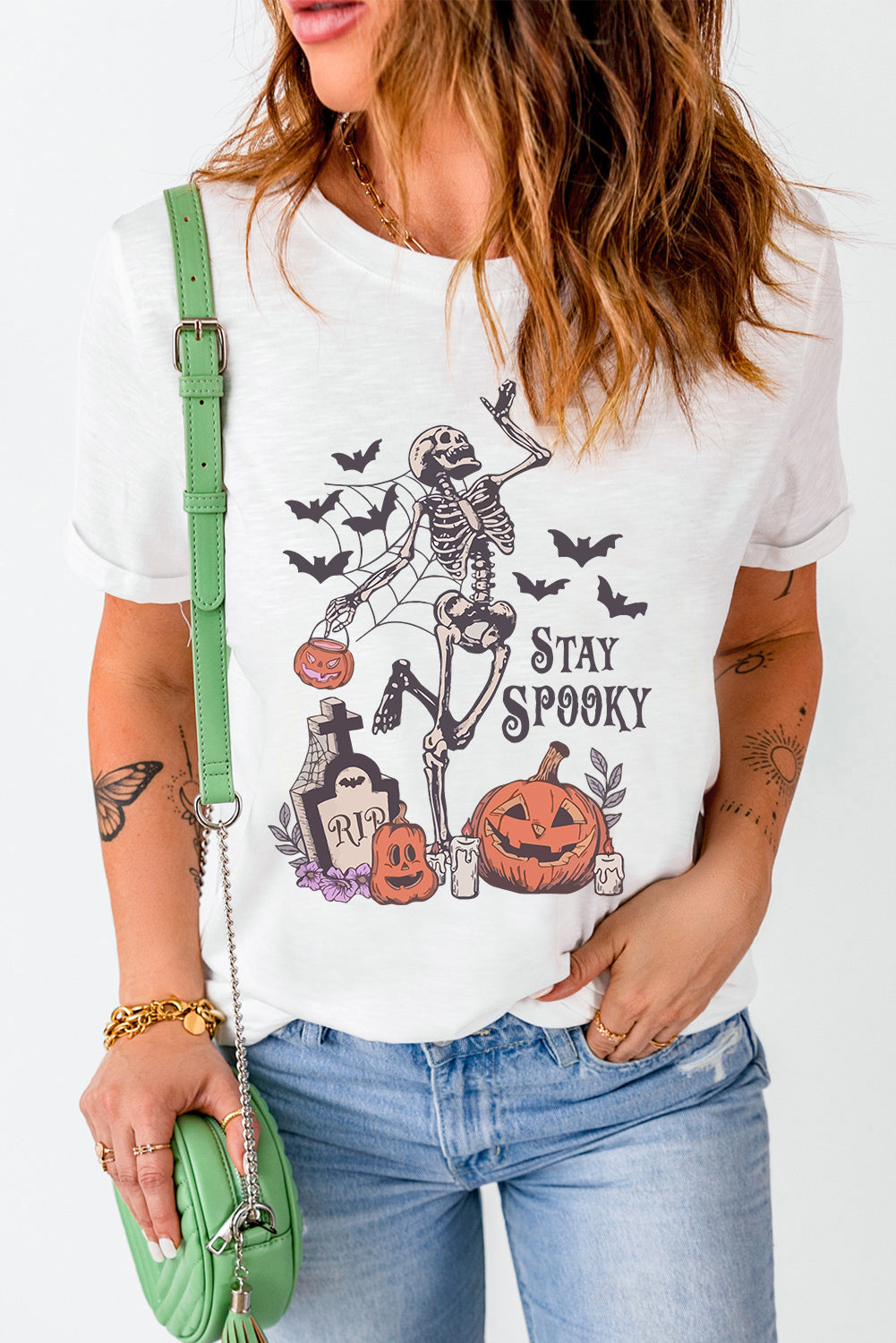 White Skull Pumpkin Face STAY SPOOKY Graphic Halloween T Shirt 🇺🇸