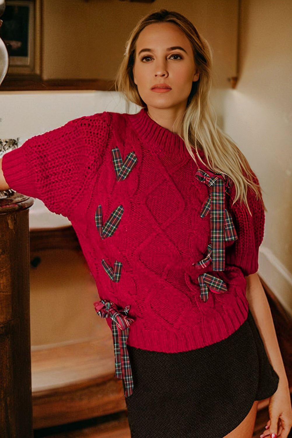 Fiery Red Plaid Lace up Detail Christmas Holiday Puff Short Sleeve Sweater 🇺🇸
