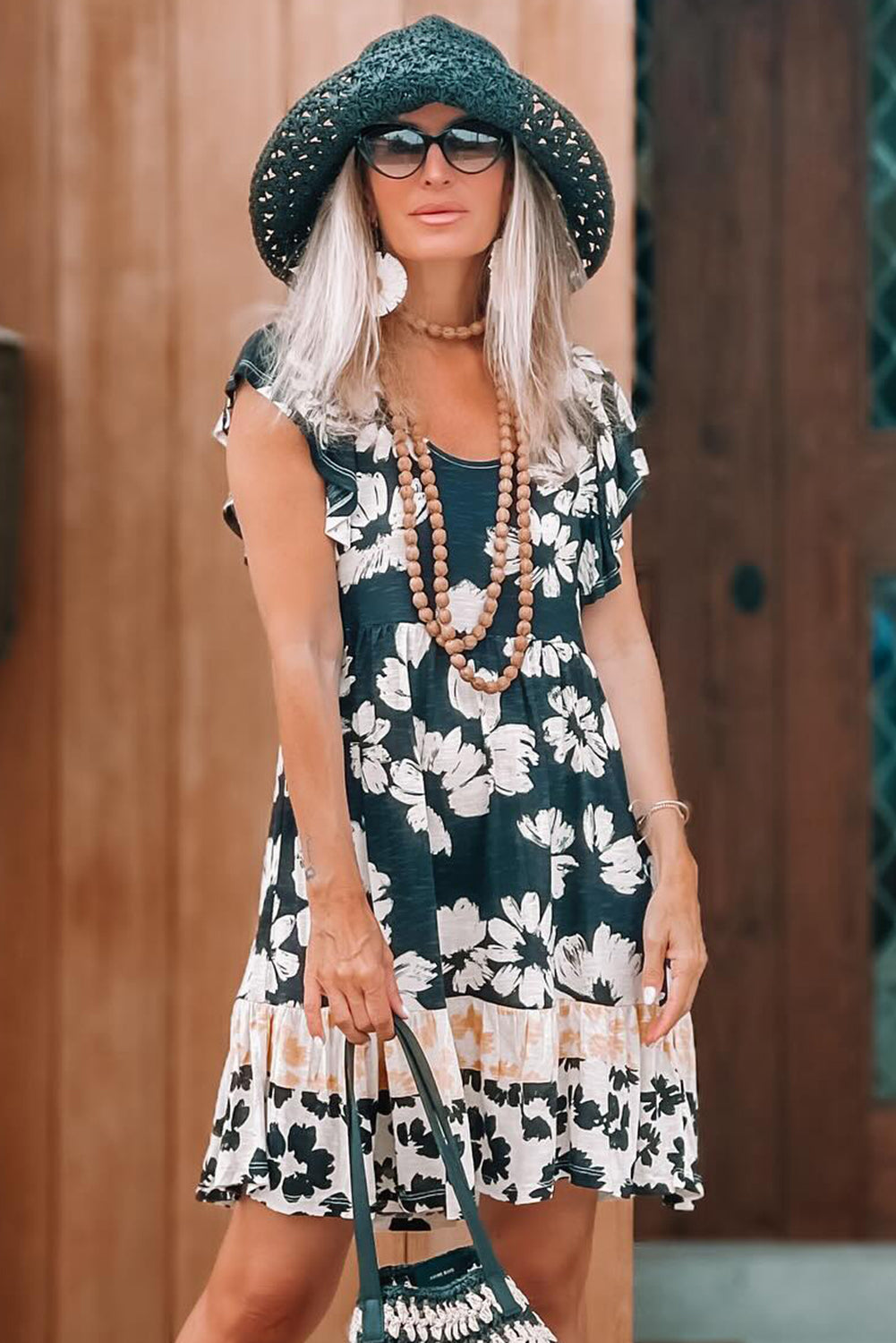 Green Floral Print Ruffle Sleeve Empire Waist Mini Dress 🇨🇳