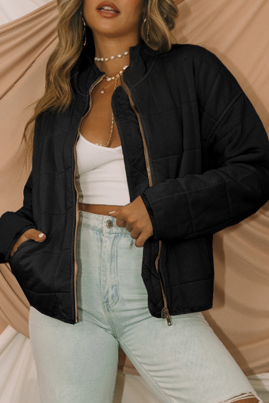 Black Zip-Up Pocket Quilted Jacket 🇺🇸