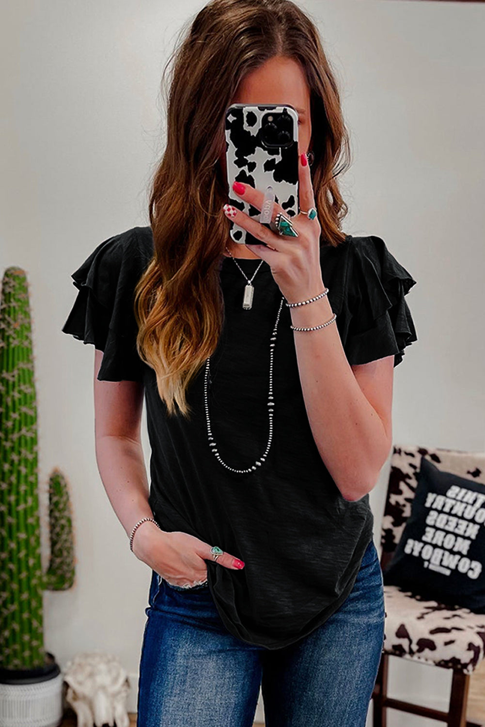 Black Layered Ruffle Short Sleeve Round Neck Top 🇨🇳