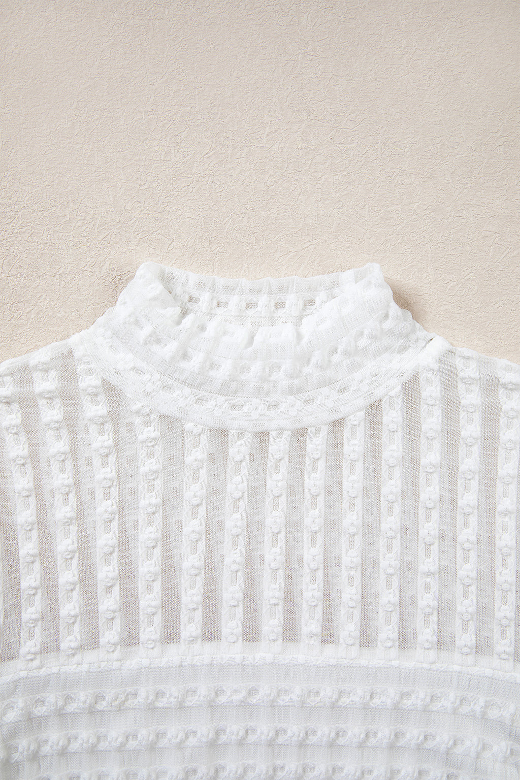 Beige Textured Sheer Lace High Neck Long Sleeve Top 🇺🇸