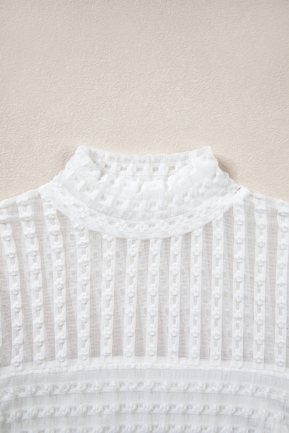 Beige Textured Sheer Lace High Neck Long Sleeve Top 🇺🇸
