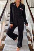 Black Polka Dot Long Sleeve Shirt Lace Detail Two Piece Pajama Pant Set 🇺🇸