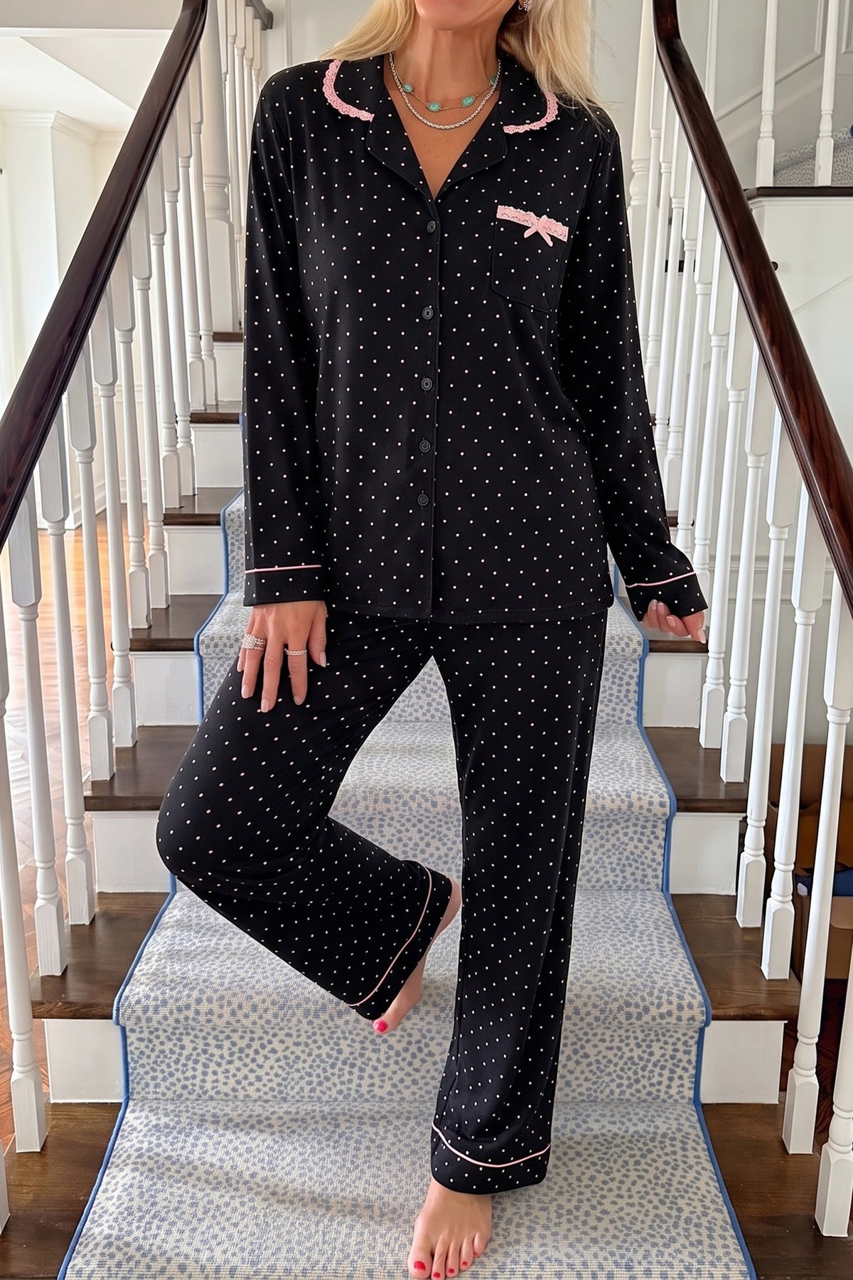 Black Polka Dot Long Sleeve Shirt Lace Detail Two Piece Pajama Pant Set 🇺🇸