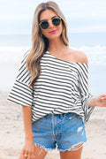 Black Stripe Half Sleeve Scoop Neck Loose Top 🇨🇳