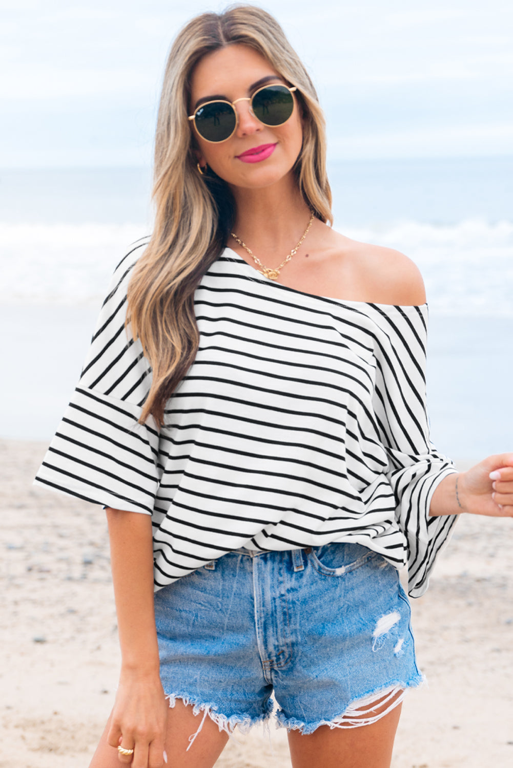 Black Stripe Half Sleeve Scoop Neck Loose Top 🇨🇳