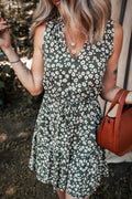 Green Boho Floral Print V Neck Tunic Sleeveless Dress 🇨🇳