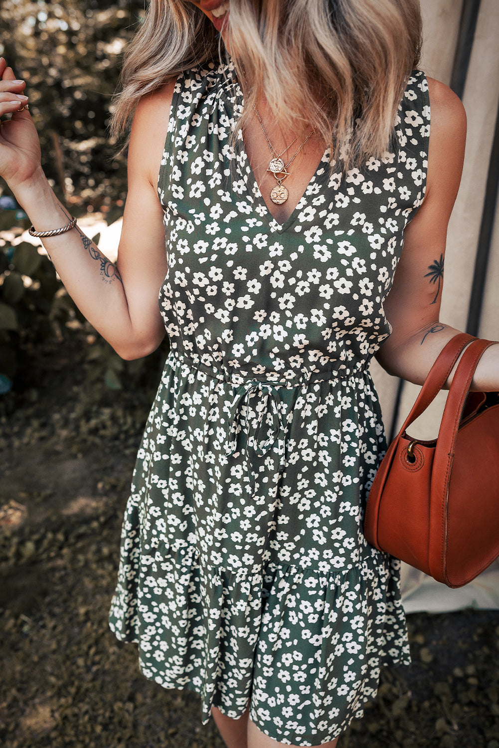 Green Boho Floral Print V Neck Tunic Sleeveless Dress 🇨🇳