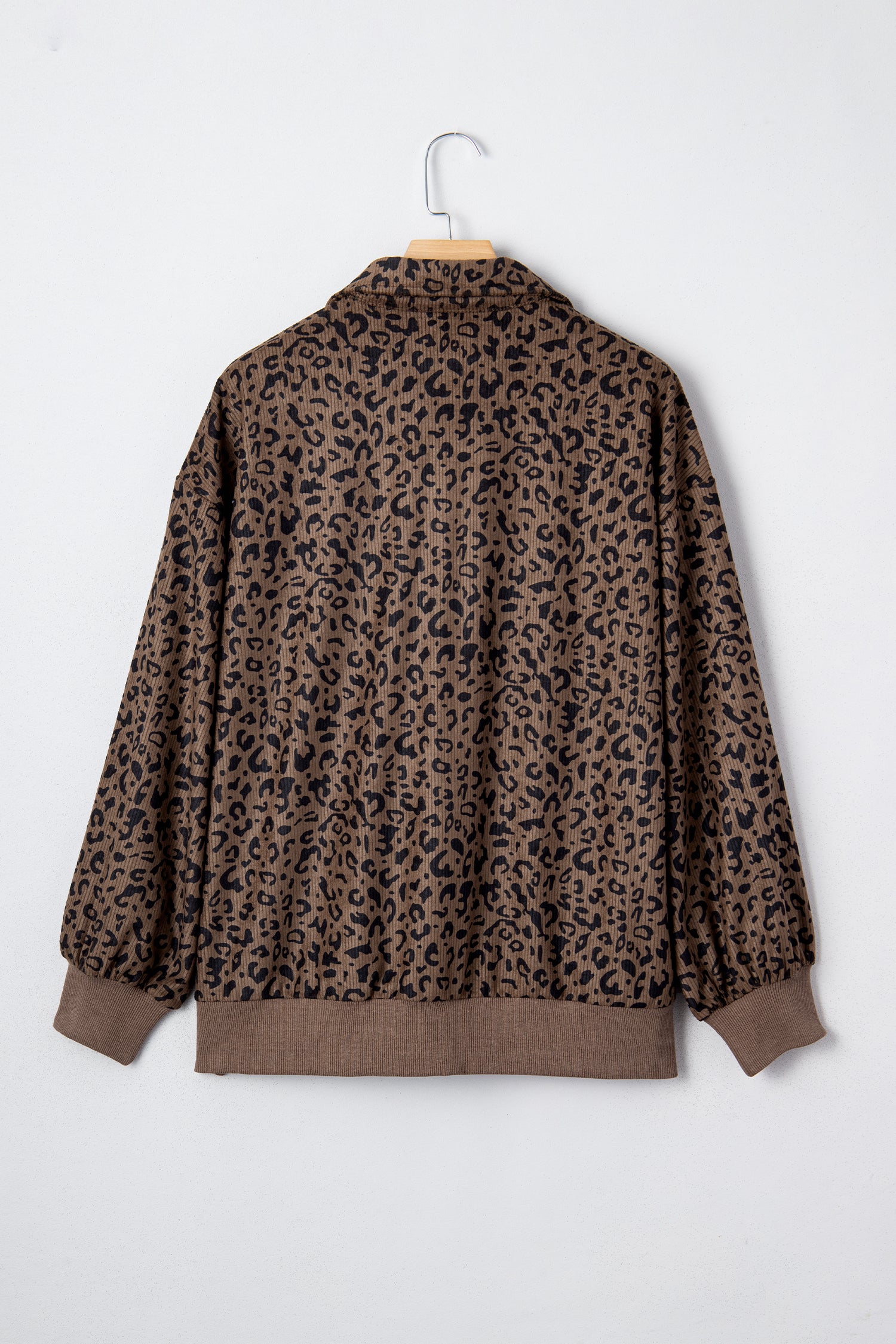 Brown Leopard Print Quarter Zip Corduroy Sweatshirt 🇺🇸