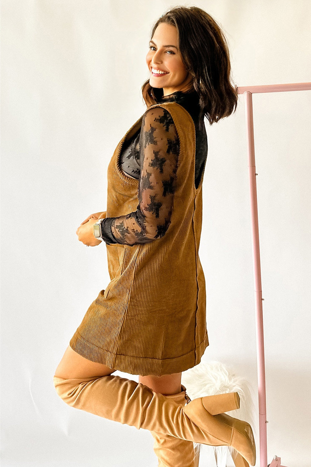 Beige Corduroy Sleeveless Mini Dress With Patched Pockets 🇺🇸