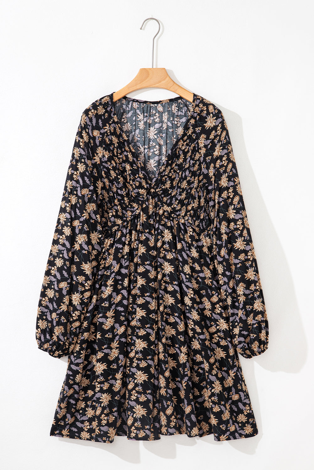 Black Floral Deep V Neck Smocked Bust Bubble Sleeve Babydoll Dress 🇺🇸