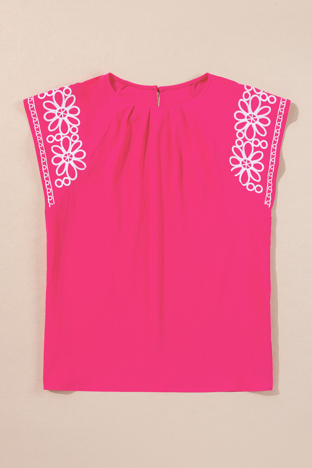 Strawberry Pink Floral Embroidered Flutter Sleeve Pleated O Neck Plus Size Blouse 🇨🇳