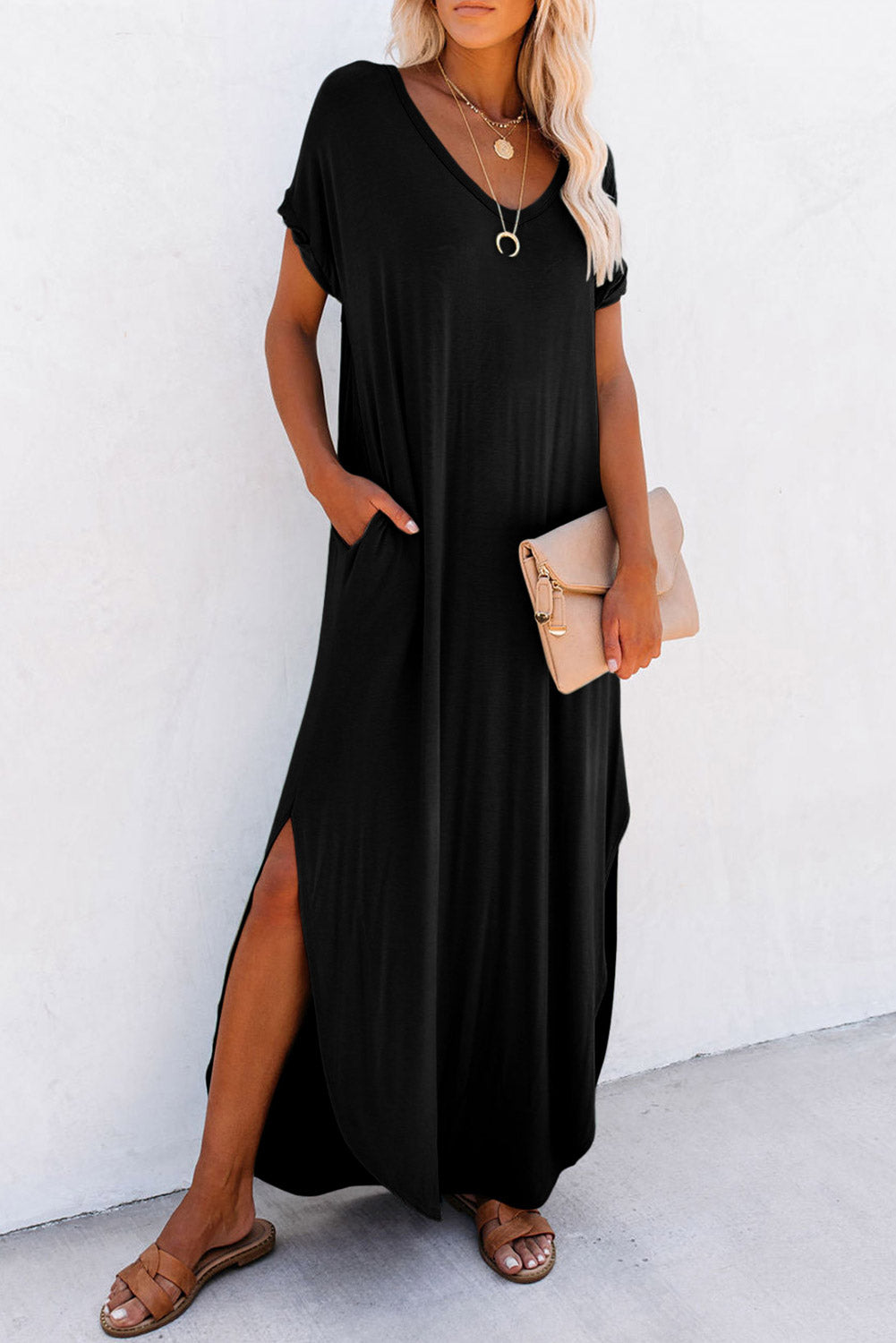 Black V Neck Hidden Pocket Splits Maxi T-shirt Dress 🇨🇳