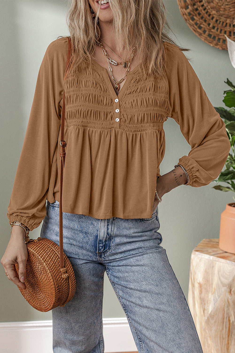 Cinnamon Smocked Bust Buttoned Split V Neck Flow Fit Blouse 🇺🇸
