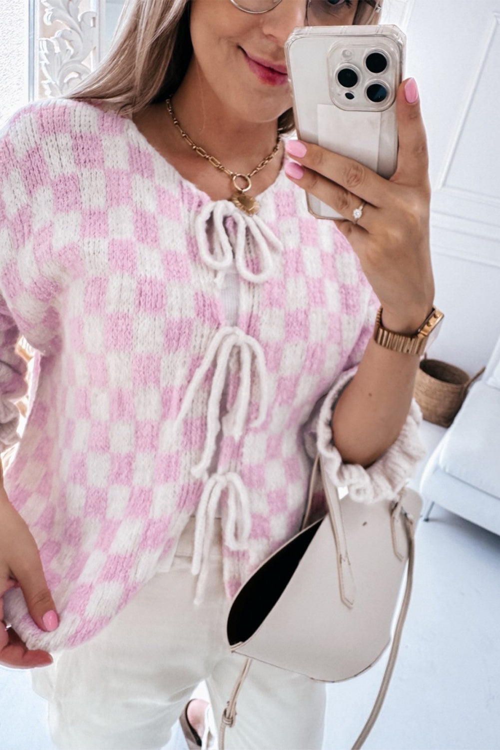 Light Pink Checkered Knitted Lace-up Ruffled 3/4 Sleeve Cardigan 🇺🇸