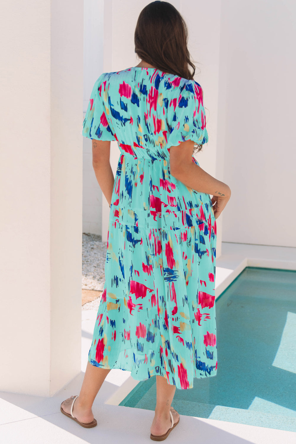 Sky Blue Abstract Print Short Puff Sleeve Tiered Maxi Dress 🇨🇳