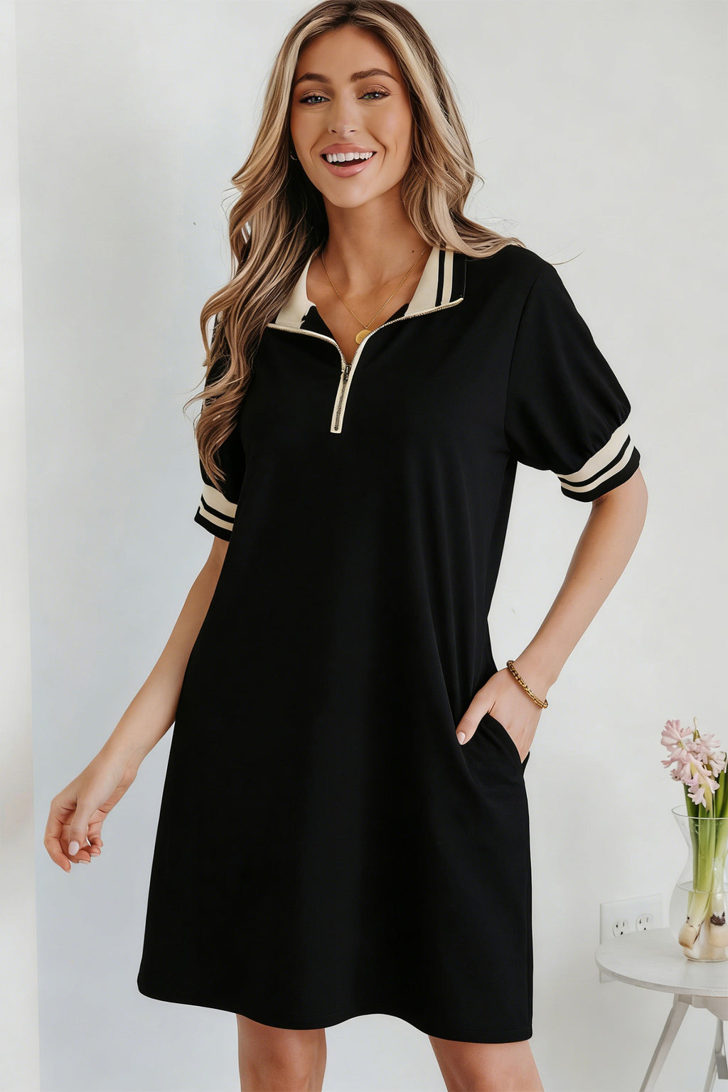Black Striped Webbing Trim Preppy Polo Tee Dress 🇺🇸