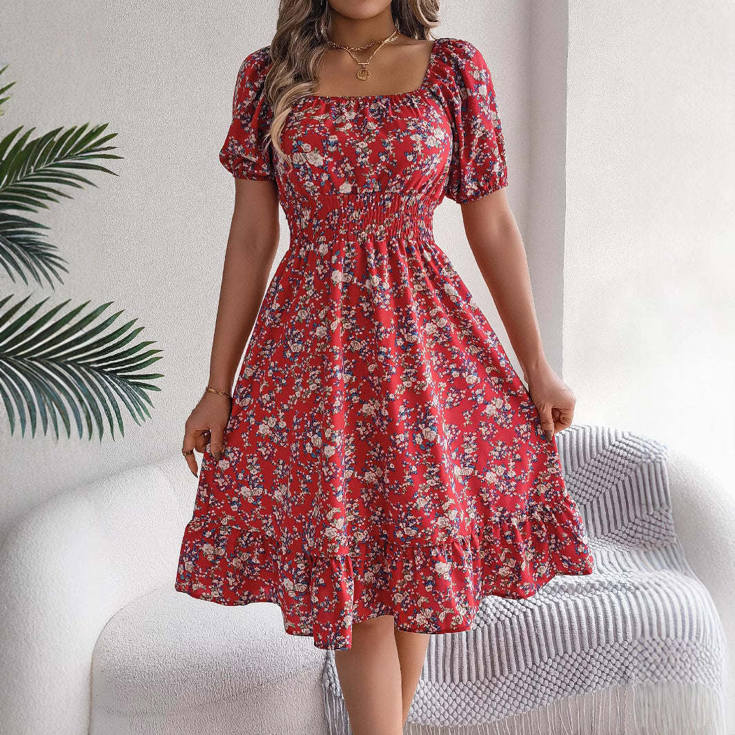 Floral Square Collar Ruffles Dress Women's Clothing 🇨🇳
