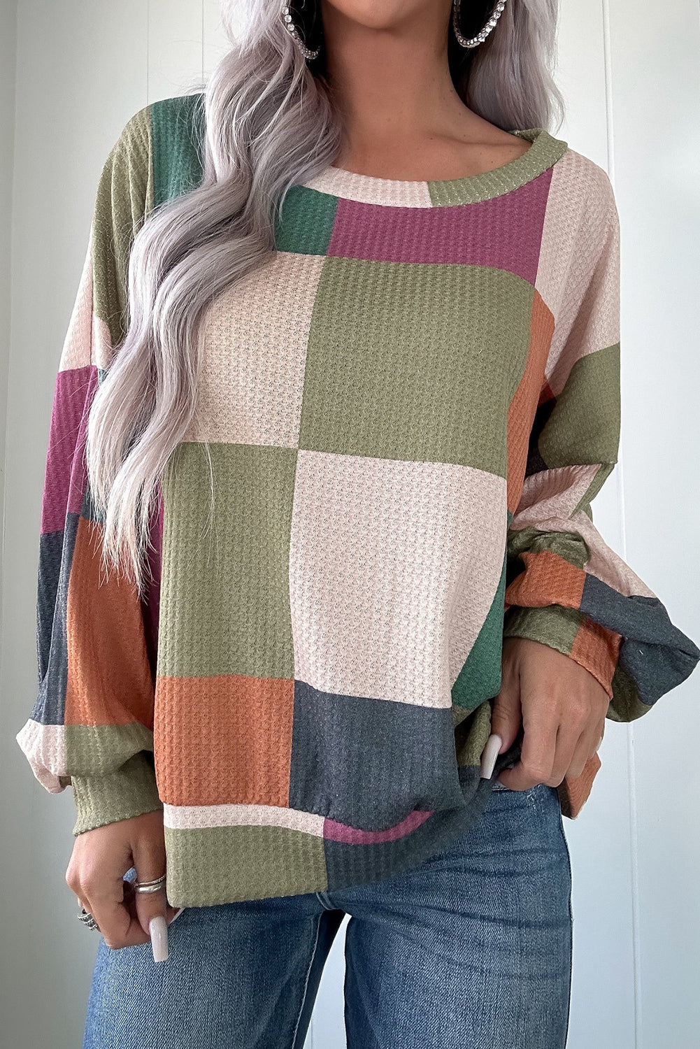 Green Checkered Print Textured Knit Long Sleeve Loose Top 🇺🇸