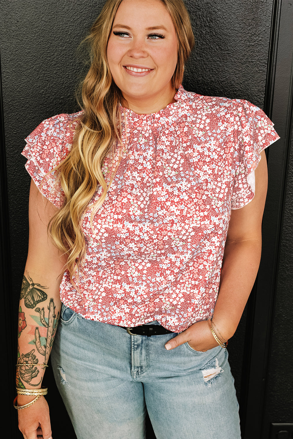 Pink Plus Size Floral Print Ruffled Sleeve Frilled Neck Blouse 🇺🇸