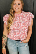 Pink Plus Size Floral Print Ruffled Sleeve Frilled Neck Blouse 🇺🇸