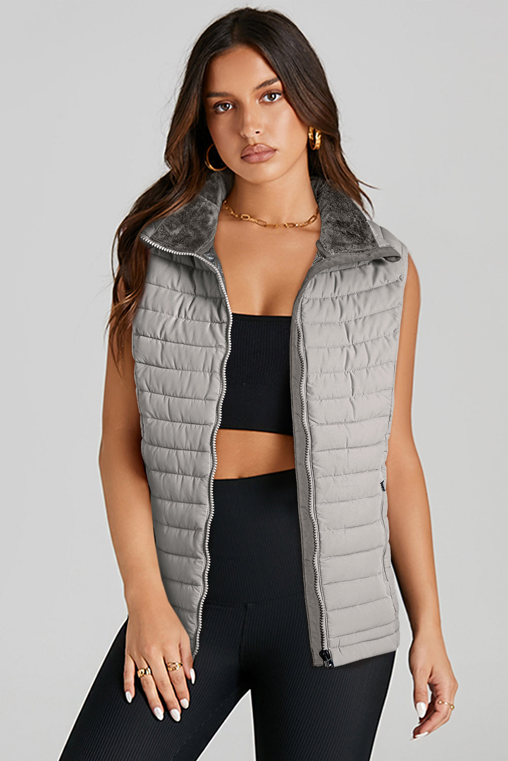 Silvery Plush Collared Quilted Zipped Puffer Vest 🇺🇸
