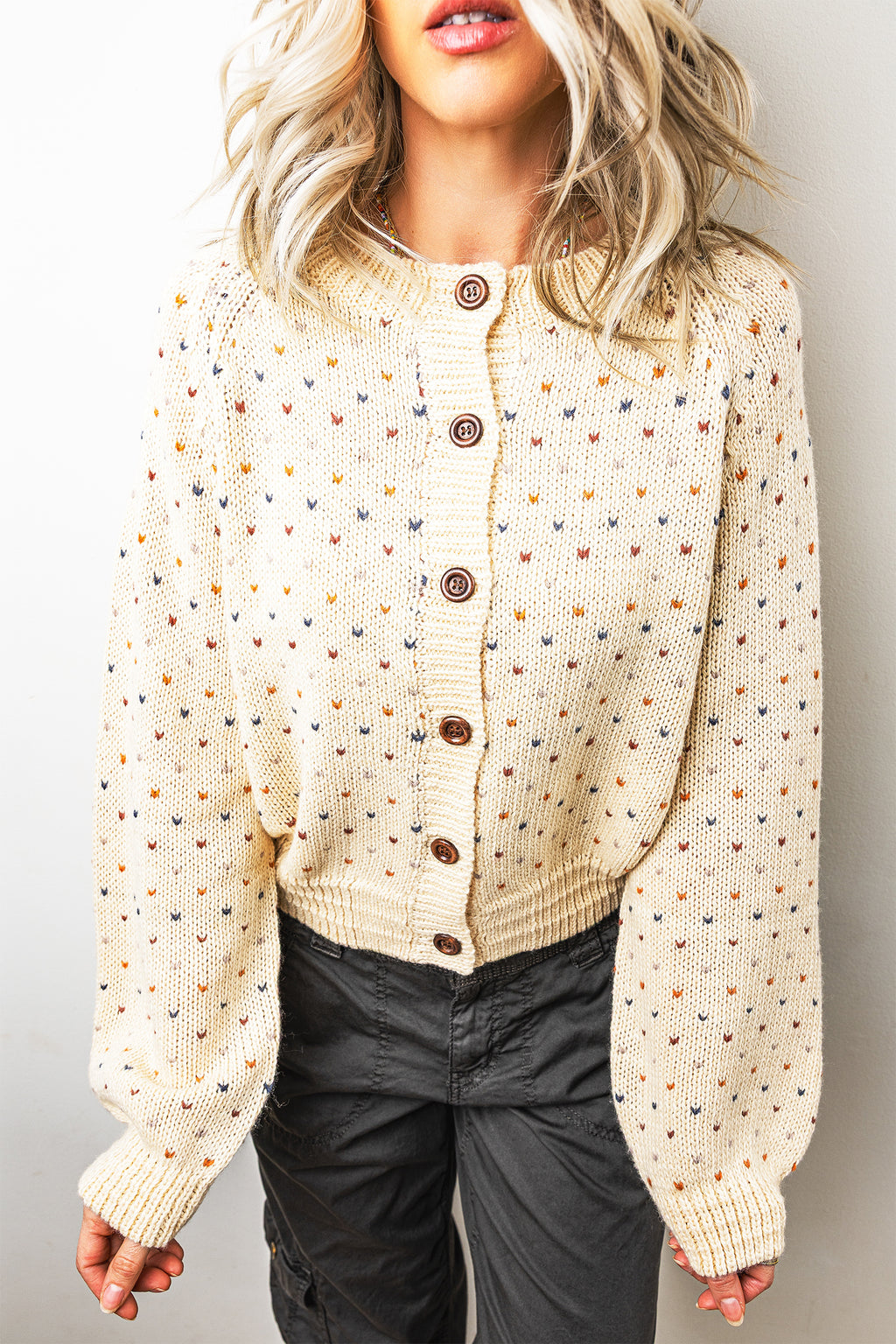 Beige Geometric Print Button Front Long Sleeve Regular Fit Cardigan 🇺🇸