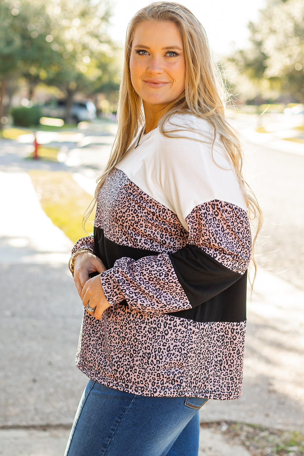 Black Leopard Print Colorblock V Neck Long Sleeve Plus Size Top 🇺🇸