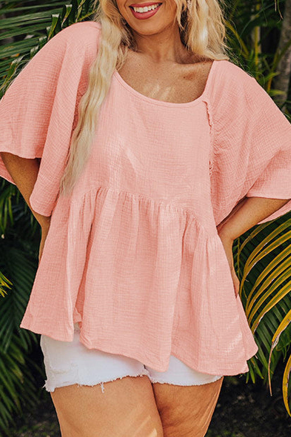 Apricot Pink Plus Size Textured Wide Short Sleeve Babydoll Blouse 🇨🇳