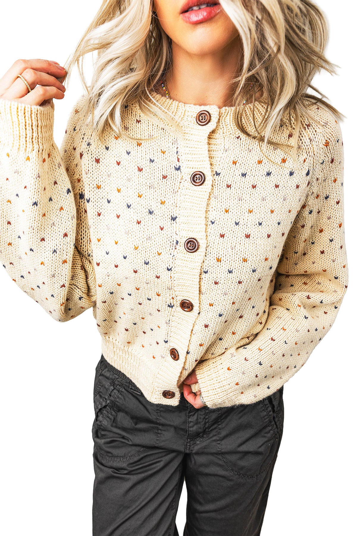 Beige Geometric Print Button Front Long Sleeve Regular Fit Cardigan 🇺🇸