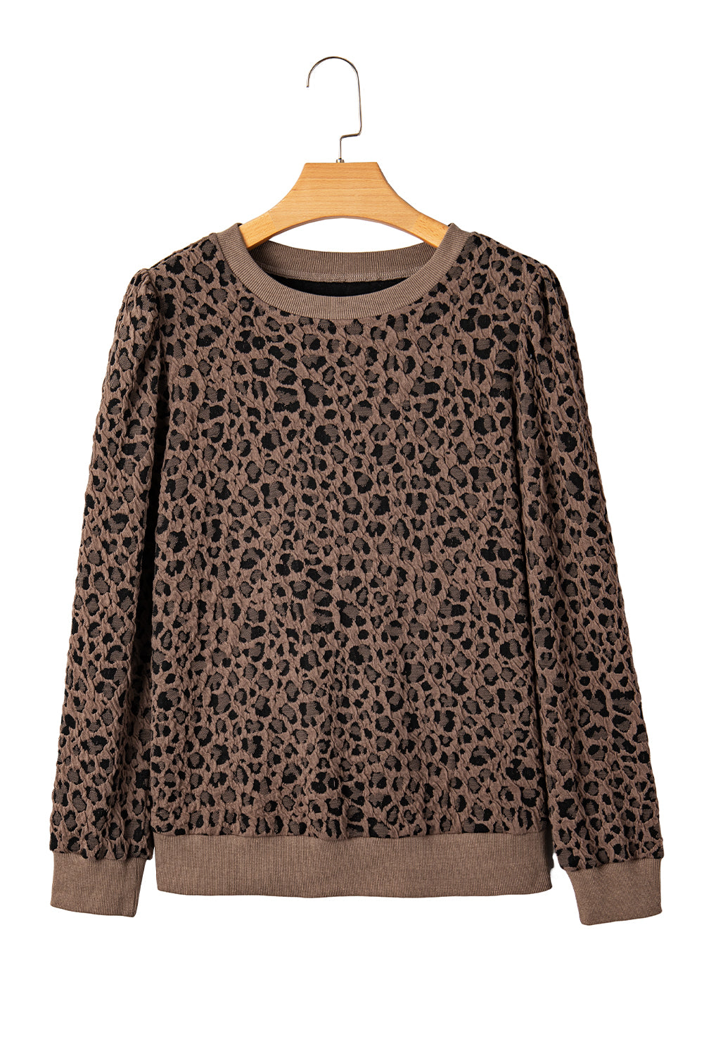 Brown Ribbed Trim Leopard Print Long Sleeve Top 🇺🇸