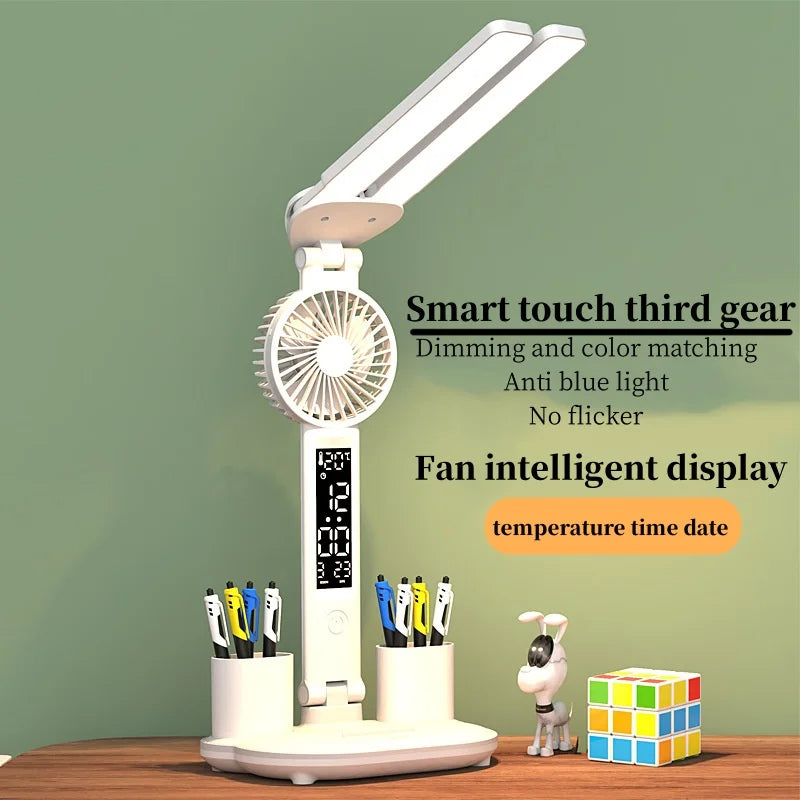 Foldable LED Table Light Eye Protection Multifunction Desk Lamp With Thermometer Calendar Fan Pen Holder Study Reading Fan Light 🇨🇳