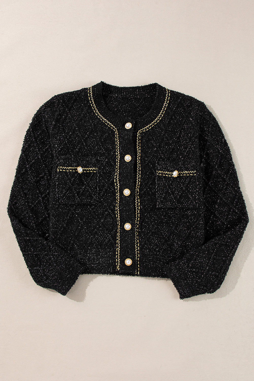 Black Shimmer Flap Pocket Button up Cardigan 🇨🇳