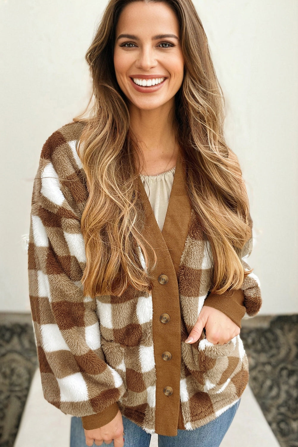 Brown Checkered Sherpa Loose Knit Cardigan with Pockets 🇺🇸