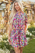 Pink Floral Puff Short Sleeve V Neck Mini Dress 🇺🇸