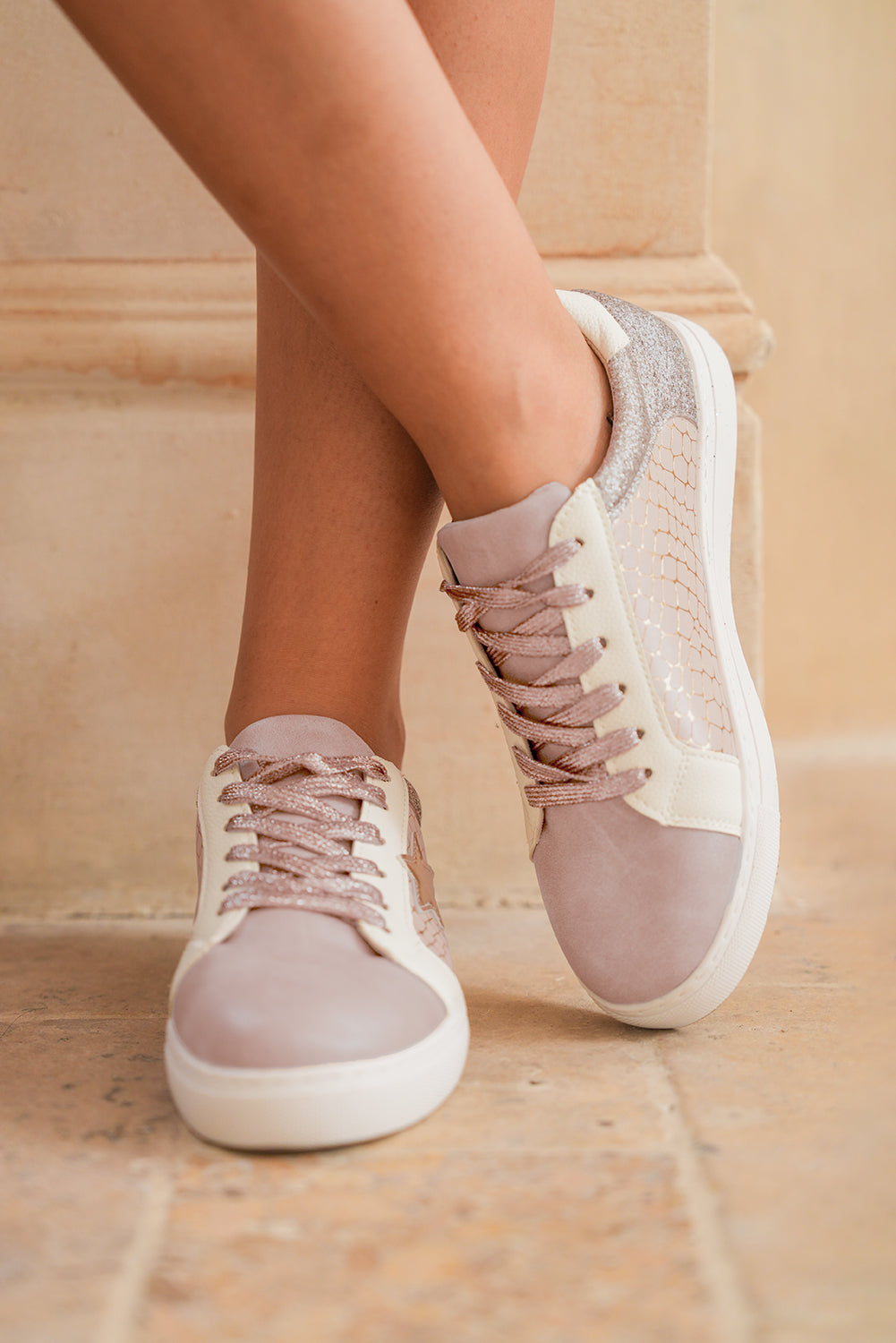 Gold Glitter Star Patchwork PU Leather Lace-up Sneakers 🇺🇸